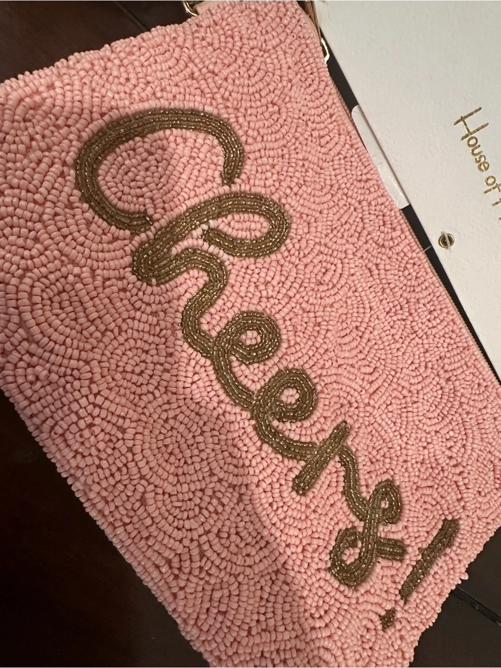 House of Harlow 1960 Pink Beaded Wristlet with Gold Logo Accent